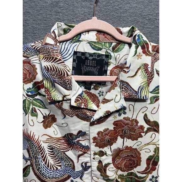 Rebel Vengeance Dragon Floral Print Button Up Shirt Boho Asian Style Men Size 2X - Picture 6 of 11